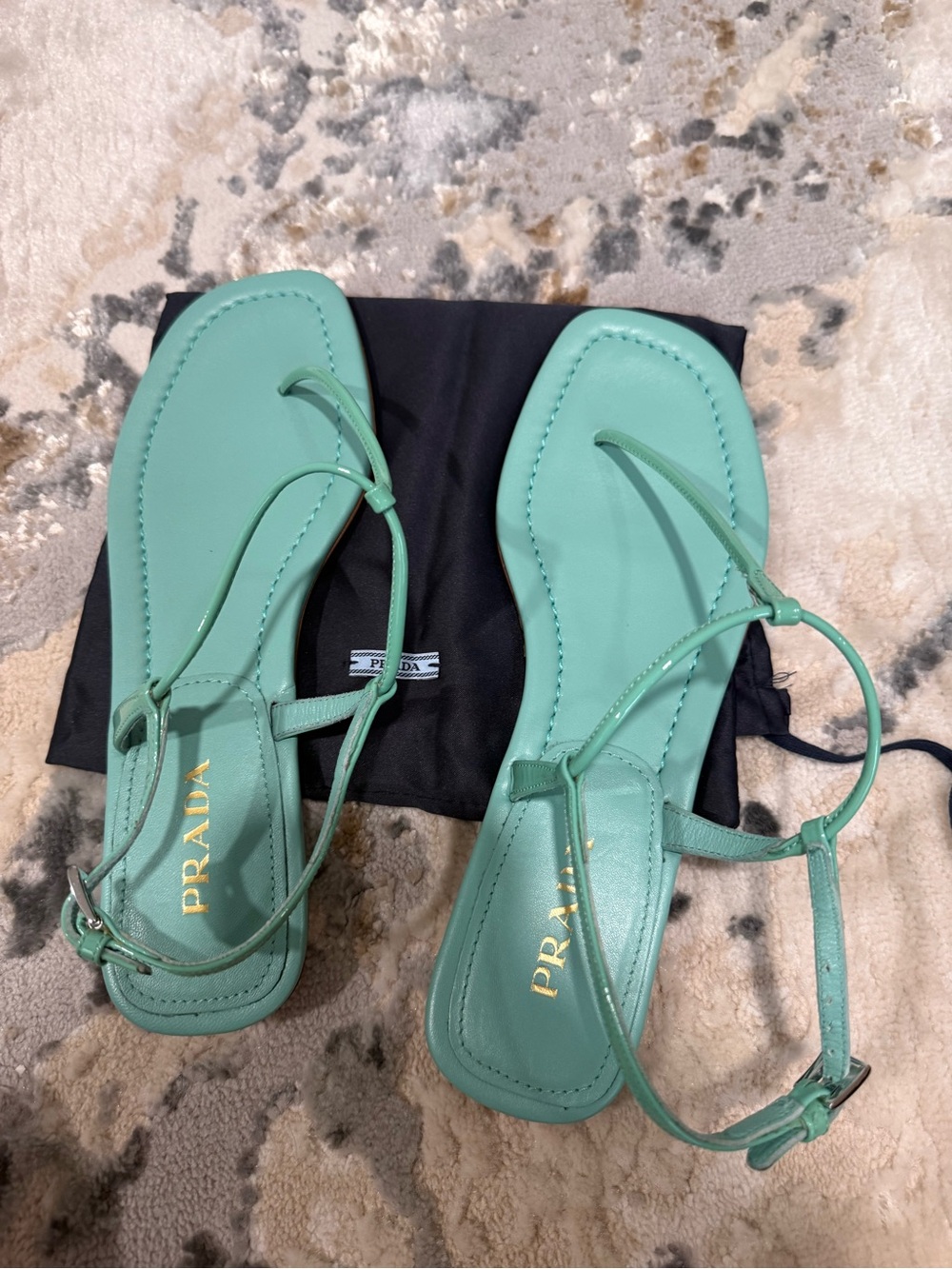 PRADA Mint Green Leather T-Strap Sandals - Picture 2 of 5